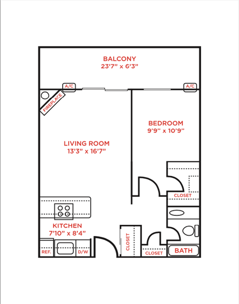 Floor plan for 1 bed, 1 bath, 650 sqft